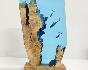 Shark Diver Epoxy Resin Night Light, Ocean Scene Lamp