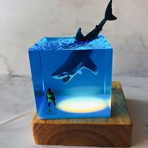 May include: A blue resin cube with a white shark and a diver figurine inside. The cube is lit from below with a warm white light and sits on a wooden base.