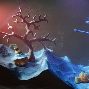 May include: A Halloween scene with a witch flying on a broomstick, a jack-o'-lantern with a witch's hat, and a jack-o'-lantern with a candle. The scene is set against a dark blue background with a white, snowy landscape.