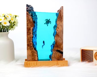 Scuba Diver Turtle Epoxy Resin Night Light, Custom Lamp, Personalised Wood Art Lamp, Sea Turtle Diver Birthday Gifts, Handmade Lamp Gifts