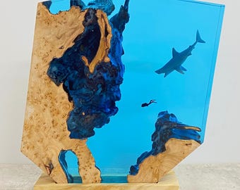 Scuba Diver Epoxy Resin Night Light, Diving Personalised Handmade Wooden Light, Unique Home Decor Gifts, Gift for Him,Custom Halloween Gifts