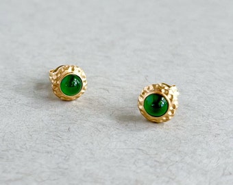 Grade A Imperial Green Jade in 18k Yellow Gold Earring Studs with Certification