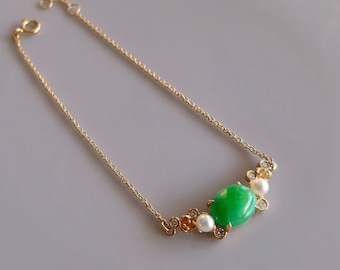 Plum Blossom Imperial Jade Armband mit Perlen und Diamanten in 750 Gelbgold