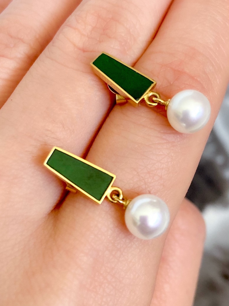 Dainty Jade Pearl 18k gold Earrings image 2