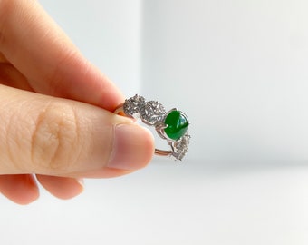 Burmese Grade A Imperial Green Jade Engagement ring with diamonds in 18k white gold setting