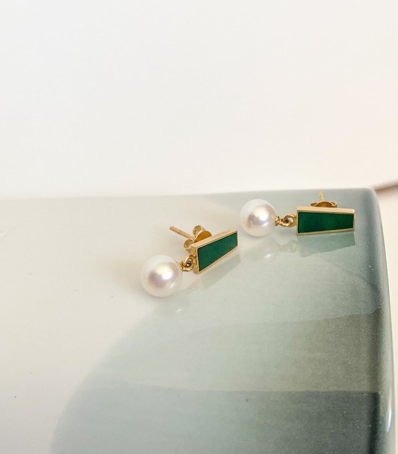 Dainty Jade Pearl 18k gold Earrings image 4