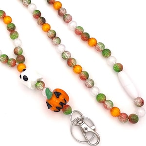 Fall Pumpkins and Ghosts Halloween Beaded Breakaway Work/Teacher Lanyard with Lobster Clasp and Keyring, ID Badge Key Holder