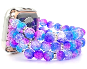 Custom Sized Beaded Pink and Blue Watch Band Compatible with Apple or Fitbit Watch Made with Crackle Acrylic and Rhinestone Beads