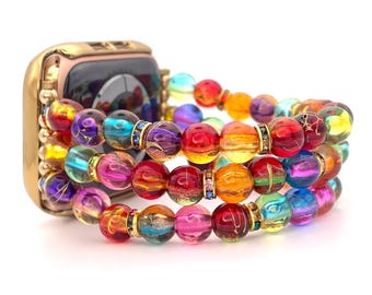 Golden Swirl Watch Band Compatible with Apple Watch Band Made with Transparent Acrylic and Rainbow Rhinestone Beads