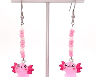 Boucles d'oreilles axolotl faites main avec crochets en acier inoxydable pour oreilles sensibles