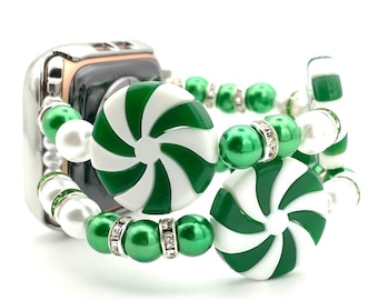 Green Peppermint Candy Holiday Apple Watch Band – Festive Green and White Christmas Beaded Band for Smartwatches