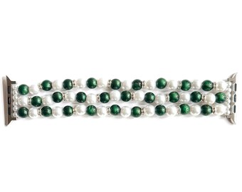Emerald & Pearl Acrylic Beaded Apple Watch Band – Elegant Stretch Bracelet Style