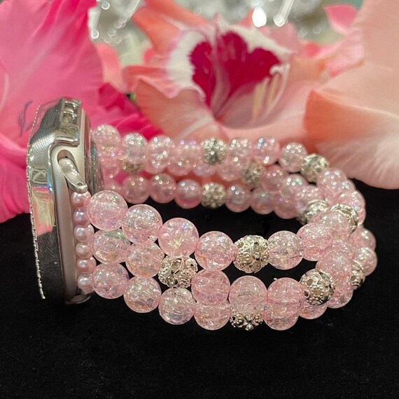 Pink Apple Watch Band with Rhinestone Charms Boho Apple Watch Band - Silver Pink Rhinestone Beads Wrist  main image 2