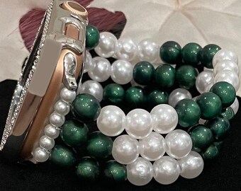 Green and White Watch Band Compatible with Apple Watch Made with Acrylic and Imitation Pearl Beads