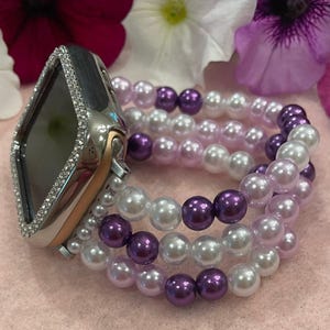 Purple Imitation Pearl Apple Watch Band – Handmade Beaded Design, Custom Sizing