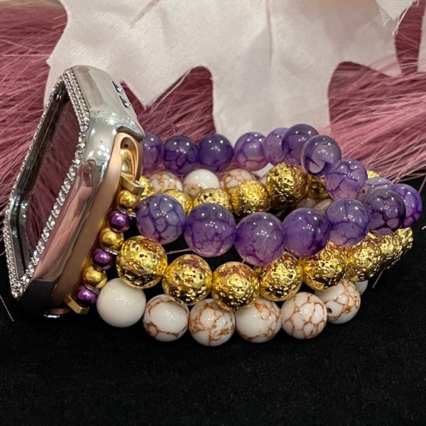 Gold Lava Stone, Purple Dragon Veined Stone Agate, and White Gold Veined Howlite Watch Band Compatible with Apple Watch