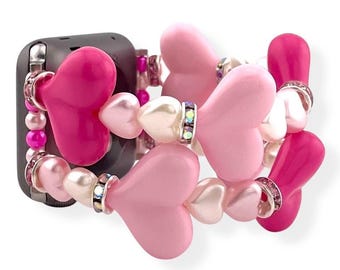Valentine's Heart Beaded Watch Band – Pink & White Stretchy Bracelet Strap for Apple and Samsung Watches