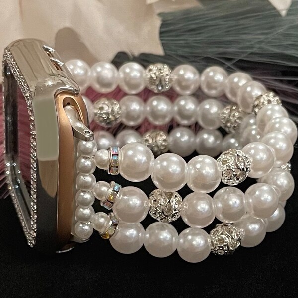White Pearl Watch Band Compatible with Apple Watch Made with Imitation Pearls, Custom Sizing!