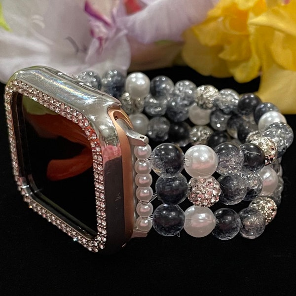 Black Watch Band Compatible with Apple Watch Made with Crackle Acrylic, Imitation Pearl, and Rhinestone Beads