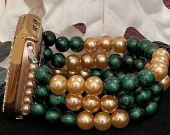 Green and Gold Watch Band Compatible with Apple Watch Made with Acrylic and Imitation Pearl Beads