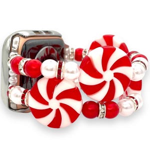 Peppermint Candy Holiday Apple Watch Band – Festive Red and White Beaded Band for Smartwatches