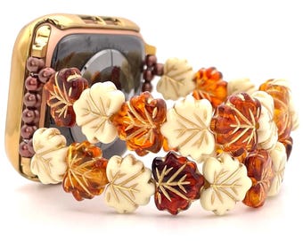 Handmade Custom Beaded Fall Leaf Watch Band Compatible with Apple Watch