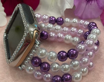 Purple Watch Band Compatible with Apple Watch with Imitation Pearls, Custom Sizing!