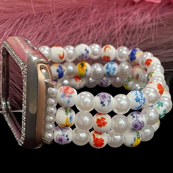 Floral Apple Watch Band – Porcelain Flower With Pearl Beads 