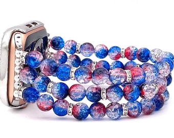 Patriotic Watch Band Compatible with Apple Watch Made with Red White and Blue Crackle Acrylic, Imitation Pearl, and Rhinestone Beads