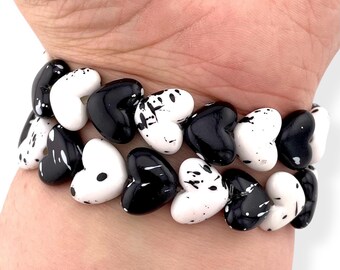Black and White Heart Beaded Watch Band – Stretch Bracelet Strap for Apple Watch and Samsung Galaxy Watch