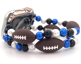 Custom Colored Football Watch Band Compatible with Apple Watch with Silicone Football and Imitation Pearls, Customizable For Team Colors!