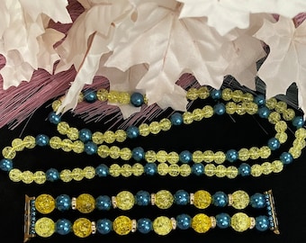 Matching Yellow Crackle and Blue Imitation Pearl Necklace and Watch Band with Rhinestones Compatible with Apple Watch