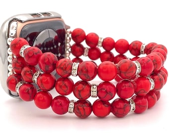 Red Natural Stone Howlite Turquoise Watch Band Compatible with Apple Watch with Rhinestone Beads