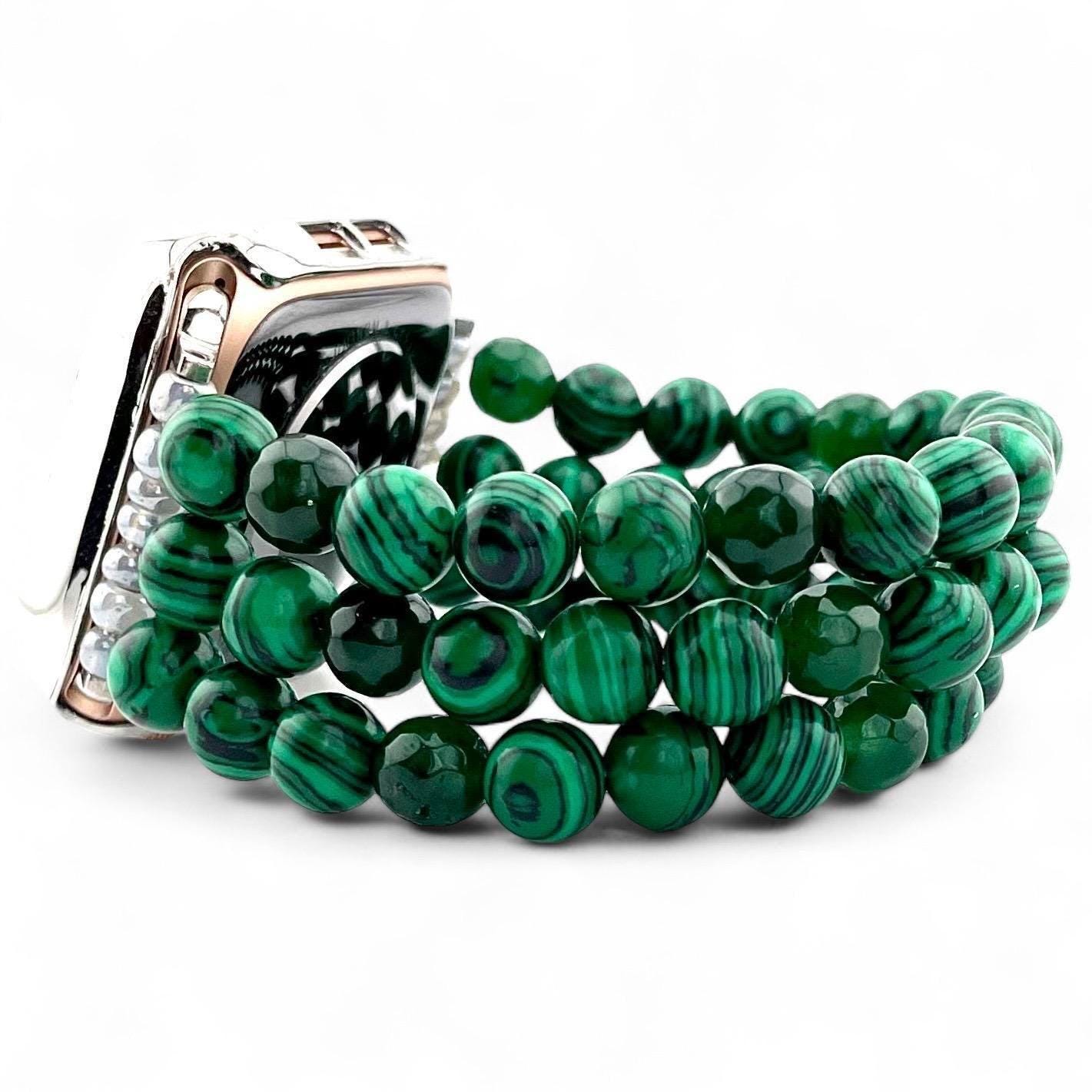 Custom Green Malachite Stone and Glass Beaded Apple Watch  display picture 2