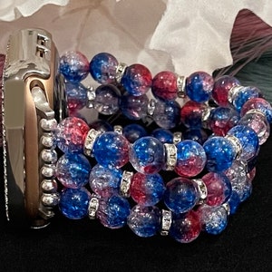 Patriotic Watch Band Compatible with Apple Watch Made with Red White and Blue Crackle Acrylic, Imitation Pearl, and Rhinestone Beads