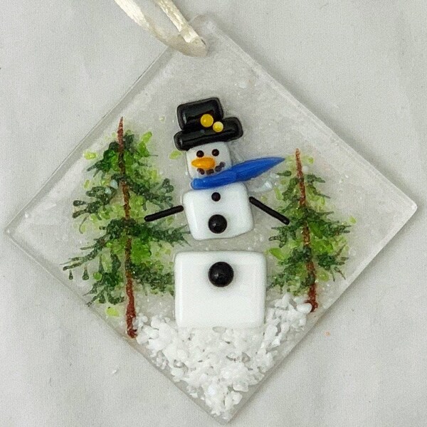 Dancing Snowman Glass Ornament/Party Snowman Glass Ornament/Happy Snowman Ornament/Snowman Ornament/Snowman and Pine Trees Ornament