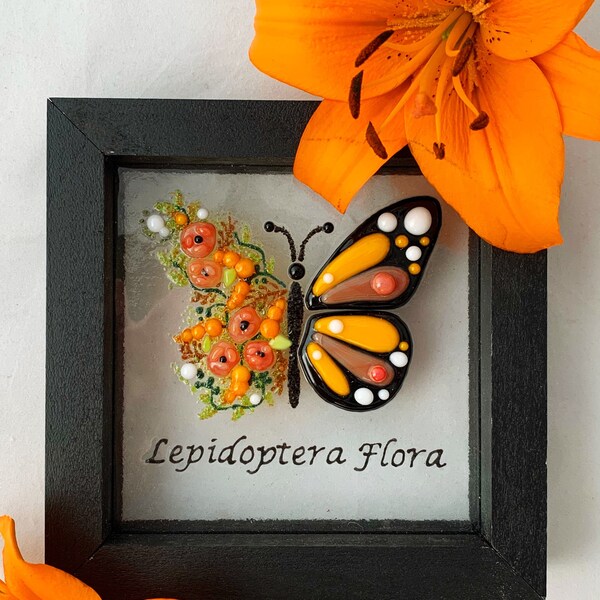 Floral Glass Butterfly Framed, Glass Butterfly With Flowers Framed, Monarch Butterfly Framed Art