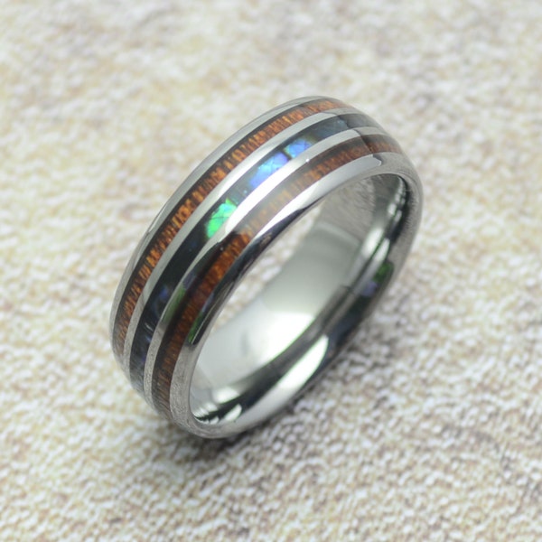 Ring aus Wolfram Muschel Holz Einlage Tungsten Damenring Herrenring