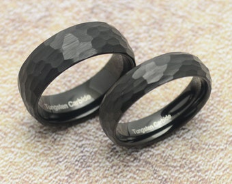 Tungsten ring, hammered black, hammer finish, 6 mm or 8 mm