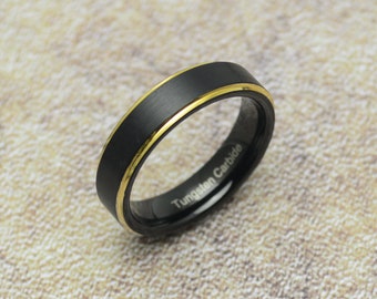Wolfram Ring schmal 6 mm schwarz gold Damen Herren Tungsten Hartmetall Edelmetall