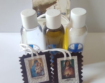 Exorcised Oil, Salt, Holy Water & Scapulars Set - Weapons Against Evil -  Christian Sacramentals Kit for Spiritual Protection - Blessed