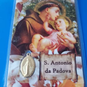 PROTÉGEME EN TODAS PARTES estampa de San Antonio de Padua entre los lirios con medalla de la Virgen Milagrosa. , Estampa de San Antonio, Beato