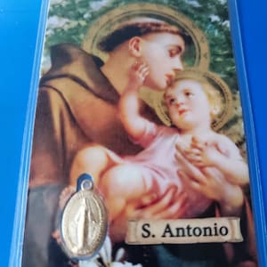 PROTÉGEME EN TODAS PARTES" tarjeta de San Antonio con medalla de la Virgen Milagrosa, Estampa Santa de San Antonio, Beato