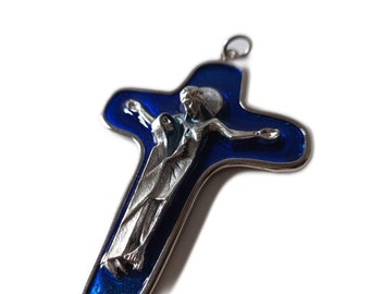 Enamel Silver Crucifix Pendant: Iesus and Mary Christian Symbol, Blessed by Pope Francis