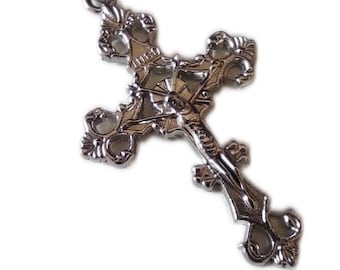 Decorated Latin Cross Pendant: Silver Metal Crucifix, Blessed by Pope Francis