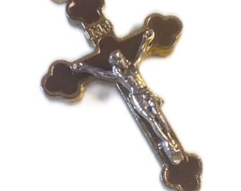 Blessed trefoil cross with gold metal body and brown enamelled base - REF. 1004