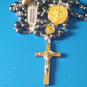 Blessed Malachite Rosary Necklace: Saint Benedict Medal, Gold-Plated Cross