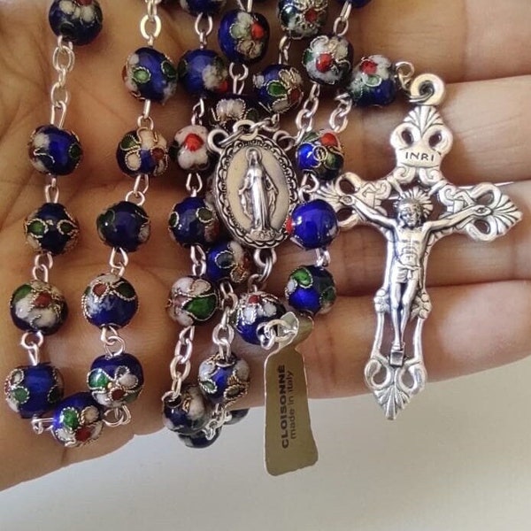 Rosary with blue beads and cloisonne workmanship with beautiful cross -necklace - good luck - - long 51.5cm - REF 2002