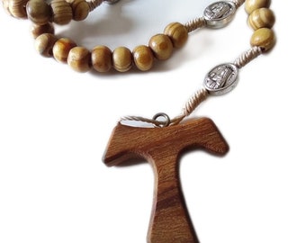 Saint Francis blessed necklace rosary with wooden and silver Tau Cross Ref2020