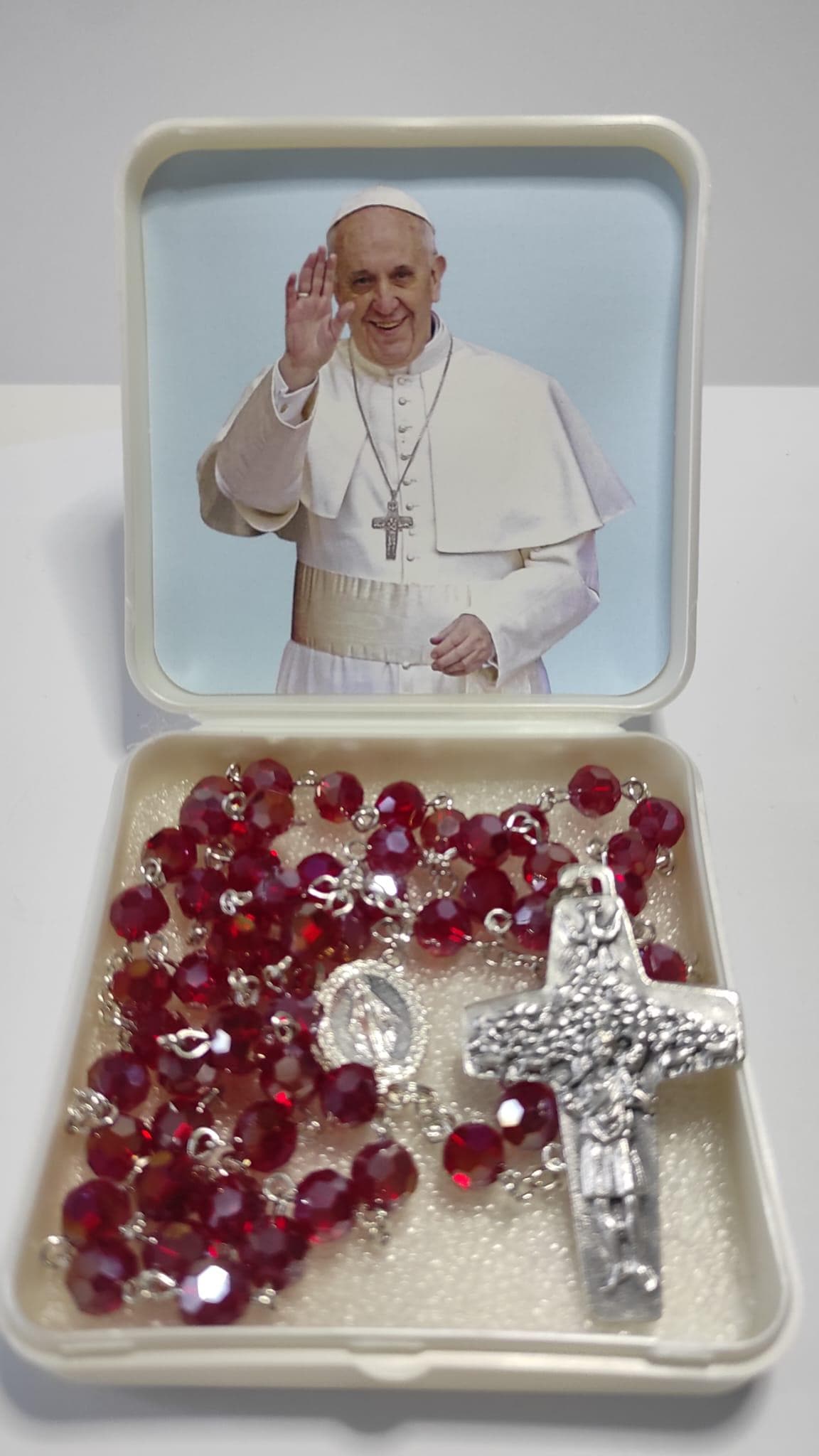 Red Crystal Rosary: Fatima Medal, Silverplate Good Shepard Cross